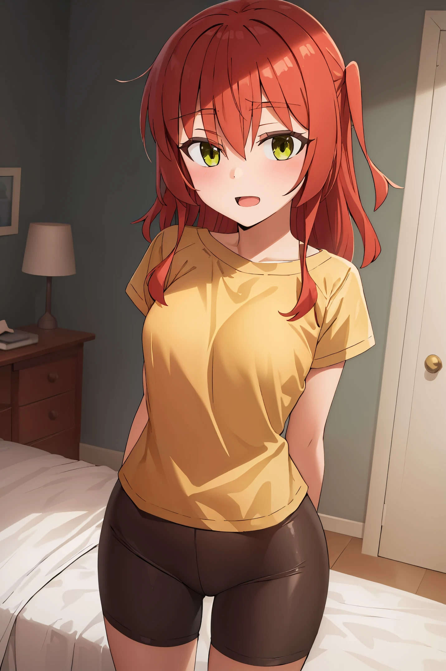 1 girl, best quality, ultra high res, long hair, red hair, green eyes, looking at viewers, small breast, standing, pov, slim body, loli body, small body, smile, open mouth, yellow shirt, short sleeves, bike shorts, bedroom, white bed sheets,