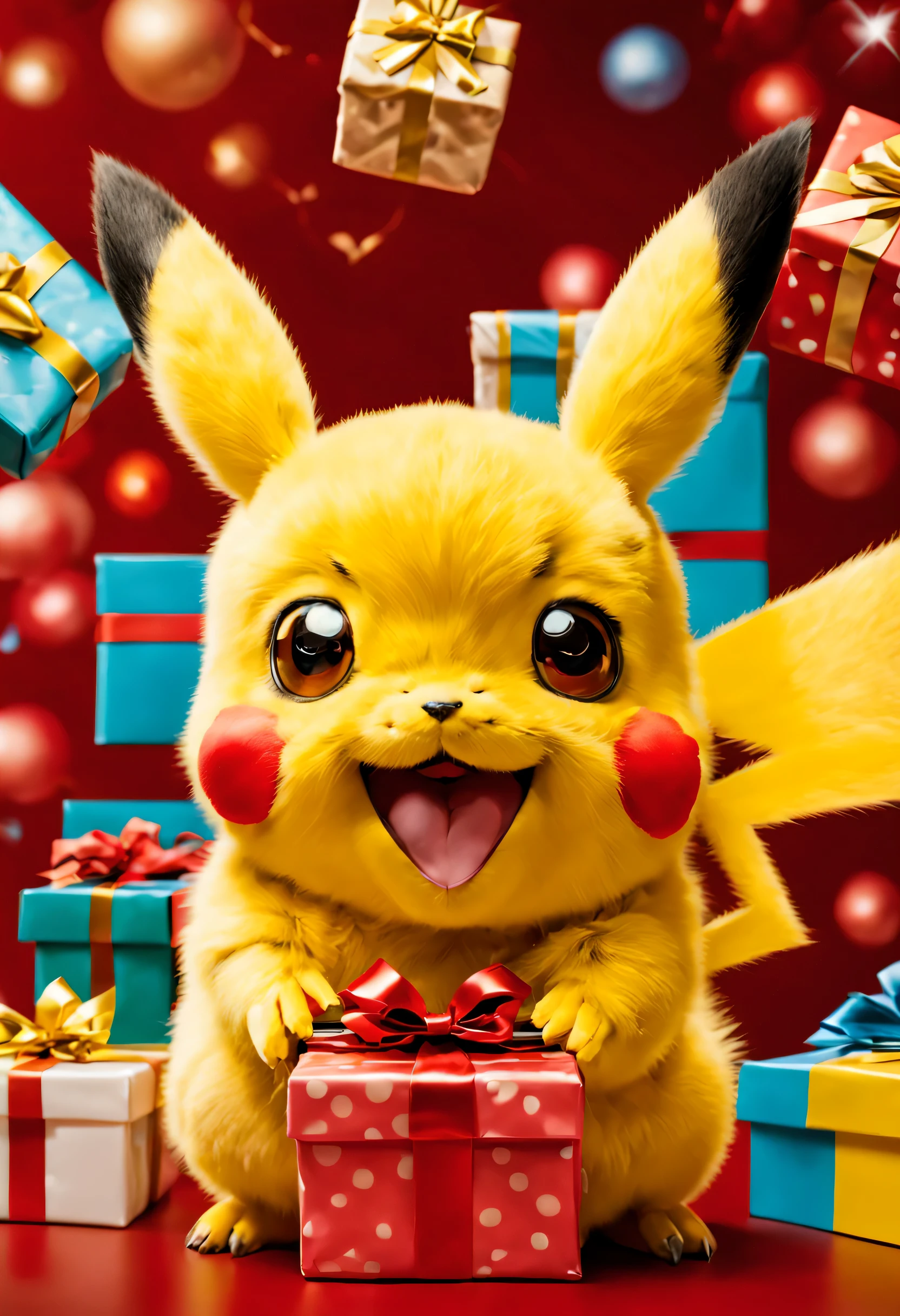 foto de un pikachu sosteniendo un regalo, estando super feliz y sonriendo
