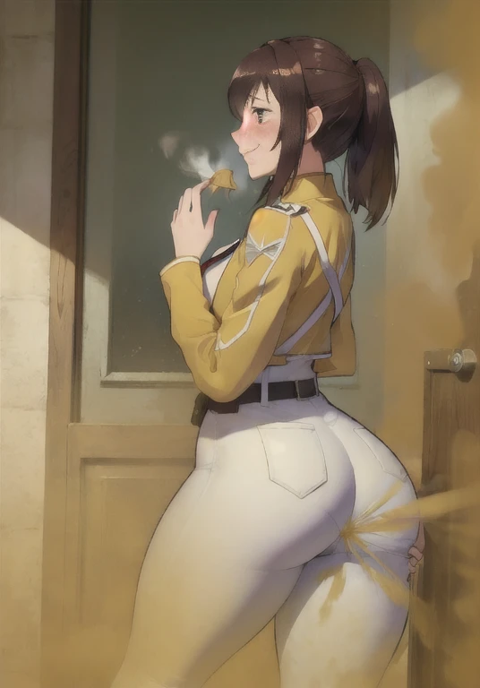 ((sasha braus)),((velocity)),Yellow smoke,Attacked by farts, (((Women stand)),velocity,detailed eyes,(Yellow smoke is rising),i'i'i'i'i'i' classic hostel)),((One Woman)),((A girl smells a fart and smiled frowned)),((fart while stand)),((blushing)),(masterpiece:1.2、top-quality)、(the Extremely Detailed CG Unity 8K Wallpapers、ultra-detailliert、Best Shadows)、(细致背景)、(The best lighting、extremely delicate and beautiful)、depth of fields、1girl in、独奏 ,looking arround her,Women wear scout outfit and wear white legging,Ephemeral,(scout regiment outfit)),((((Girl is embarassed when she smells the bad smell of farts)))),outfit like a scout regiment,((((profile facing diagonally)))),((i'I closed my mouth with hand feel embarassed...)),(()),((embarassing look)),((massive fart)),((fart text))