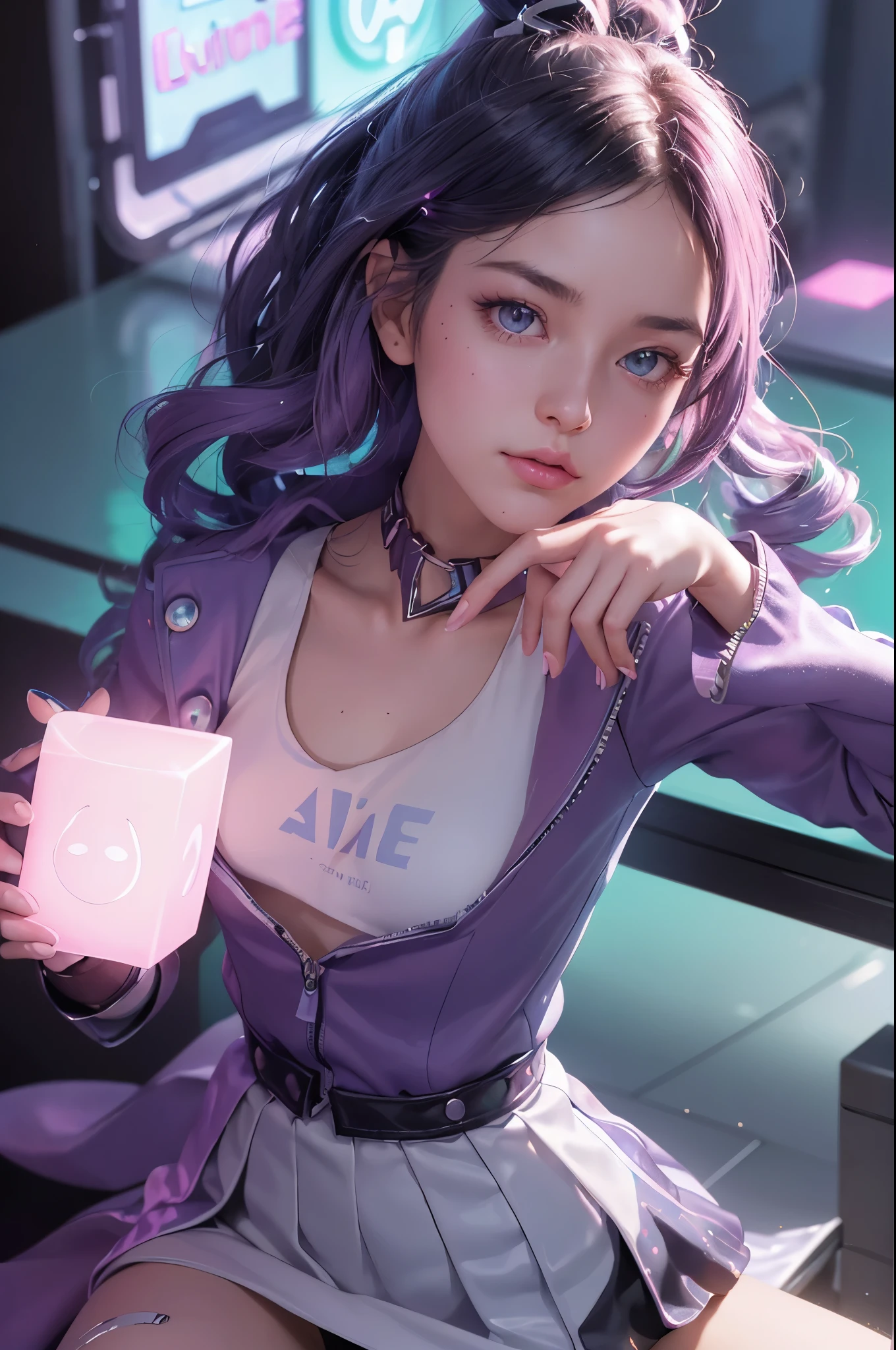 Full body lesbian, 1 slime girl, change, Alone, Eye focuudes exquisite radiance, Pink lens flare, movie background, Colorful, the ultra-detailed, HighDynamicRange, Ultra-detailed eyes, mature, plum,(Supermodel:1.3),(Bioluminescence hair: 1.1), (glowing light eyes), (Cosmetic, Strong, The brilliant colors are absolutely eye-catching, dynamic angle, Beautiful details shine through, ambient light遮蔽, ambient light, ray-traced reflection, vintagestyle, Life arcade characters, Arcade style world, mitts, jaket, arma, short  skirt,Martin shoelack mitts, black jaket, guns, Drill your hair, black short  skirt, Head mirror, bubble blowing,  (Cute face:1.3),SilverWolfV5
