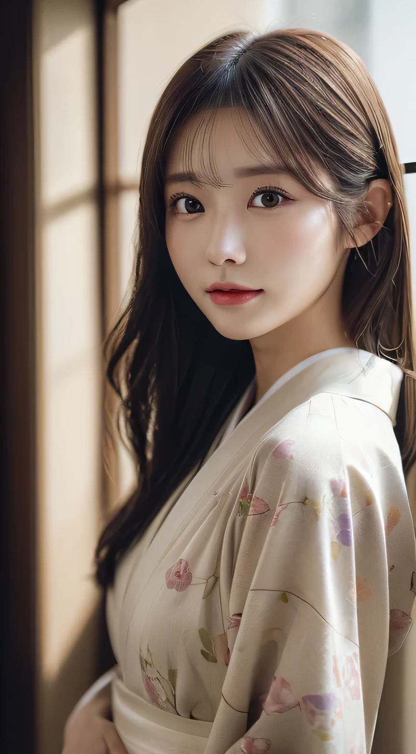 (Kimono）、(23years old)、(top-quality,​masterpiece:1.3,超A high resolution,),(ultra-detailliert,Caustics),(Photorealsitic:1.4,RAW shooting,)Ultra-realistic capture,A highly detailed,high-definition16Kfor human skin、 Skin texture is natural、、The skin looks healthy with an even tone、 Use natural light and color、(One Woman)、japanes,,kawaii,A dark-haired,Middle hair,(depth of fields、chromatic abberation、、Wide range of lighting、Natural Shading、)、