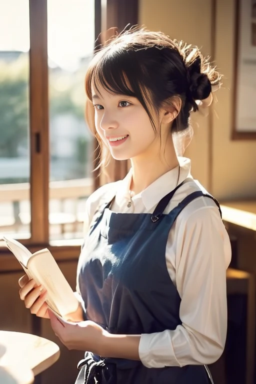 ((masterpiece))), (((Full body photo))), (One beautiful Japan girl, classmates, landscape and innocence,kawaii) ,超A high resolution, Realistic, ultra-detailliert, 8K,top-quality, Extremely detailed, A slender,very beautiful japanese girl, Detailed face:1.3), (Bery short hair,I tied her hair in a bun.,A dark-haired :1.4), (a ,kawaii系,adorable 10 year oPerfect body:1.1), (autumn fashionista), Cute and innocent look,Please show me your beautiful teeth,Wonderland, rosy cheeks, Sparkling eyes, kawaiiポーズ, ((Inside the coffee shop))、Cute cake、slow steamed coffee、soft afternoon light、Wrapped in the soft light shining through the window、Reading a book,gentle and delicate lighting, Pastel color palette, dreamy ambiance, Magical, Vivid colors, Bokeh,