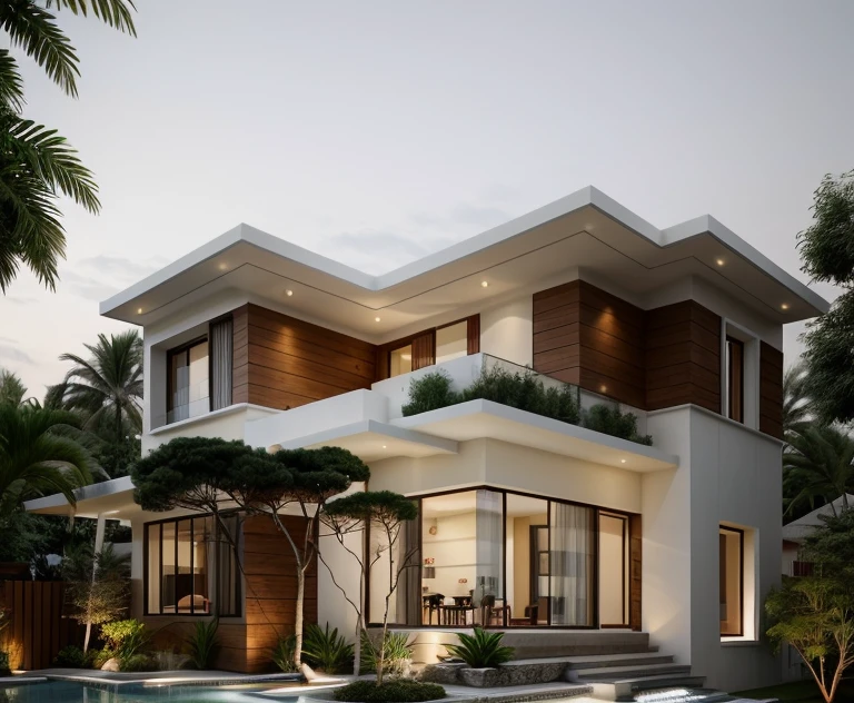 a modern house, located in a quiet area in Vietnam.  The house has a white facade and many windows, creating a harmonious and impressive whole.  The house is built with sustainable materials, the garden is designed in traditional Vietnamese bonsai style