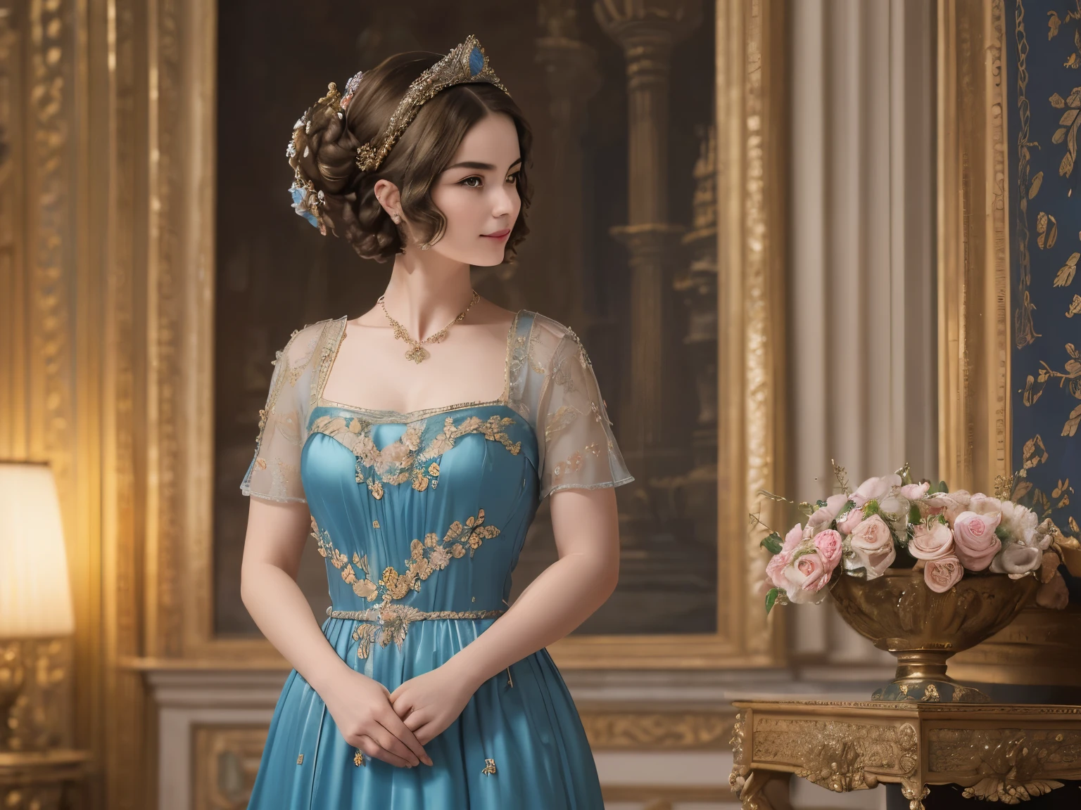 142
(a 20 yo woman,in the palace), (A hyper-realistic), (high-level image quality), ((beautiful hairstyle 46)), ((short-hair:1.46)), (kindly smile), (breasted:1.1), (lipsticks), (wearing a blue dress), (murky,wide,Luxurious room), (florals), (an oil painting、Rembrandt)