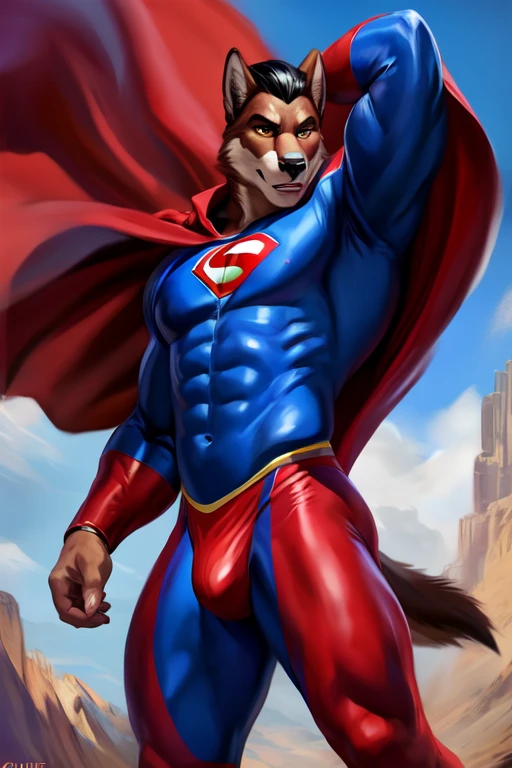 a brown wolf, solo, muscular, wearing blue bodysuit, supermen spandex costume, red cape, red speedo, red boots, by chunie