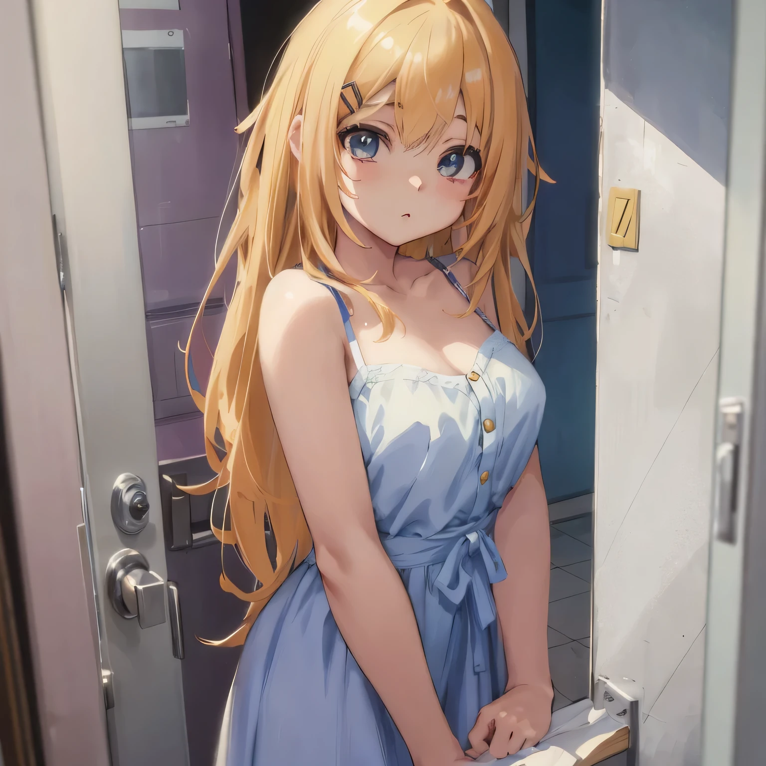 menina anime com cabelos loiros e olhos azuis parada em uma porta, menina sedutora anime, anime menina loira com cabelo longo, menina atraente anime, pintado em anime painter studio |, Loli no vestido, linda menina anime, menina anime, arte cg anime suave, linda menina anime, retrato menina anime, menina fofa anime, anime moe artstyle, (menina anime)