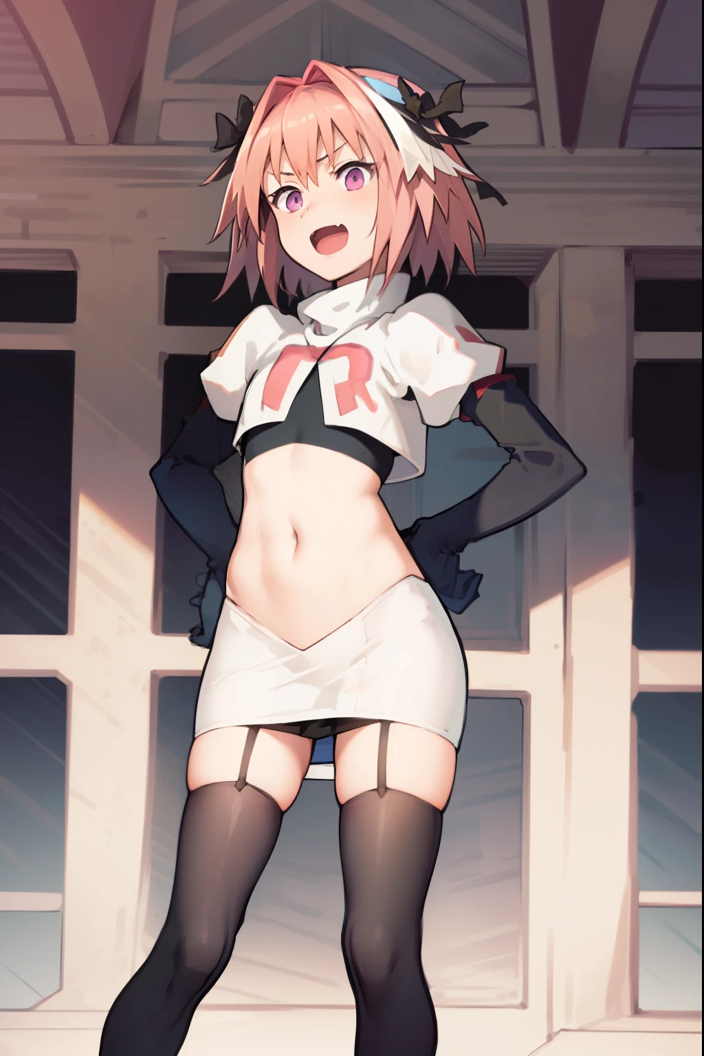 absurdres, masterpiece, best quality, (astolfo fate:1.2155), 1boy, male focus, trap, pink multicolored hair, pink hair, white hair, hair intakes, long hair, pink detailed eyes, crossdressing,1boy, team rocket,team rocket uniform, red letter R, white skirt,white crop top,black thigh-highs,black elbow gloves