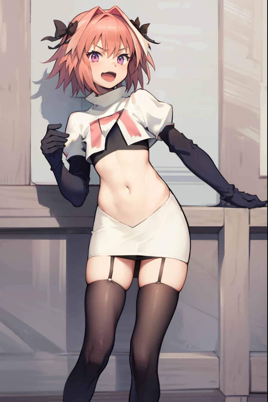 absurdres, masterpiece, best quality, (astolfo fate:1.2155), 1boy, male focus, trap, pink multicolored hair, pink hair, white hair, hair intakes, long hair, pink detailed eyes, crossdressing,1boy, team rocket,team rocket uniform, red letter R, white skirt,white crop top,black thigh-highs,black elbow gloves