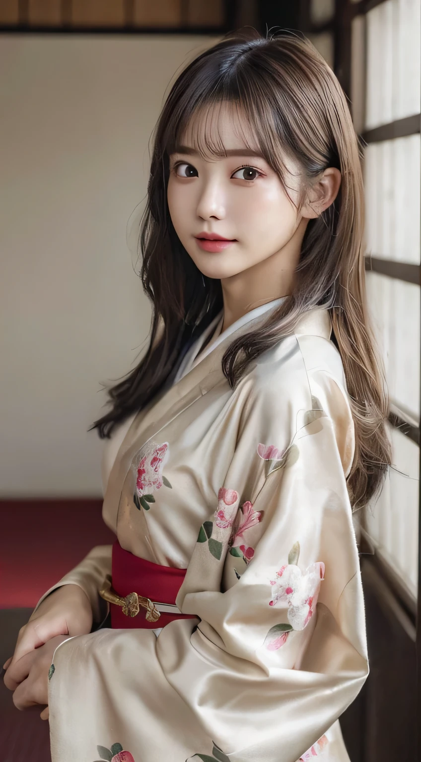 (Kimono)、(23years old)、(top-quality,masterpiece:1.3,超A high resolution,),(ultra-detailliert,Caustics),(Photorealsitic:1.4,RAW shooting,)Ultra-realistic capture,A highly detailed,high-definition16Kfor human skin、 Skin texture is natural、、The skin looks healthy with an even tone、 Use natural light and color、(One Woman)、japanes,,kawaii,A dark-haired,Middle hair,(depth of fields、chromatic abberation、、Wide range of lighting、Natural Shading、)、