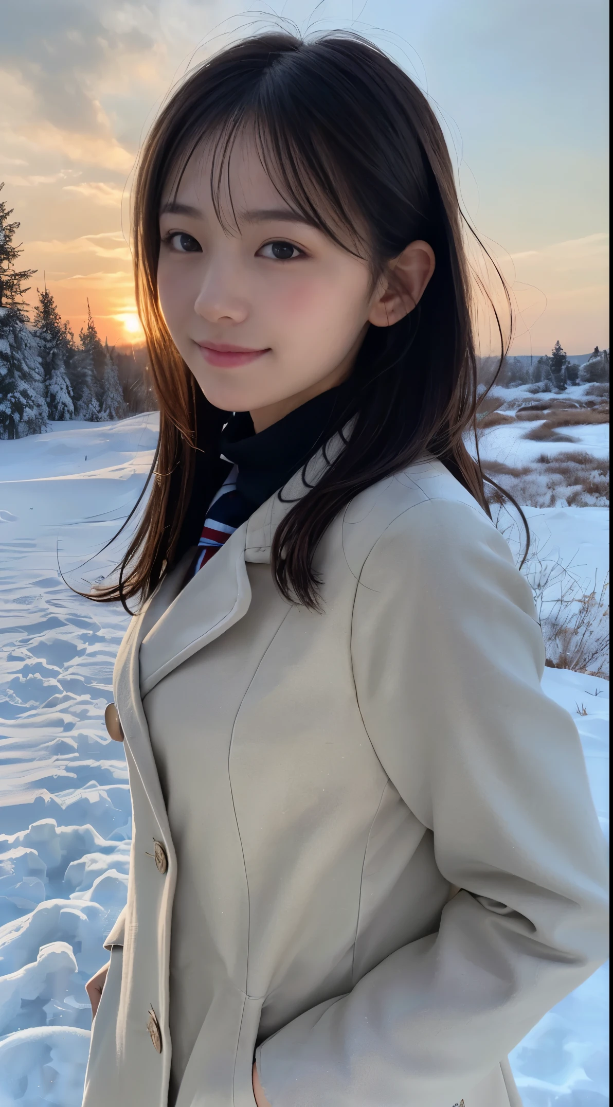 (Close up portrait of one girl with slender small breasts and twin-tailed long hair in a coat over a winter school uniform and a scarf :1.5)、(One girl with little smile and hair fluttering in the wind :1.3)、(Beautiful snowy sunset sky:1.5)、(Perfect Anatomy:1.3)、(No mask:1.3)、(complete fingers:1.hotorealistic、Photography、masutepiece、top-quality、High resolution, delicate and pretty、face perfect、Beautiful detailed eyeair skin、Real Human Skin、pores、((thin legs))、(Dark hair)