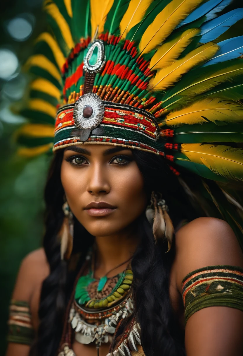 A young woman of radiant beauty, ((the most beautiful cabocla in the world)), 18 years old, indigenous, ((full body)), ((strong body, muscular legs)), ((indigenous headdress with colorful feathers on her head) ), long black hair, braided over her shoulders, ((magnetic green eyes)), ((square face and sunken chin)), ((strong expression of a warrior woman)), ((hypnotic beauty)), sexy and sensual, indigenous body paintings, body and beauty of a Goddess, ((wearing the skin of a wild animal)), ((in the background a sacred temple in the middle of a forest on a full moon night))