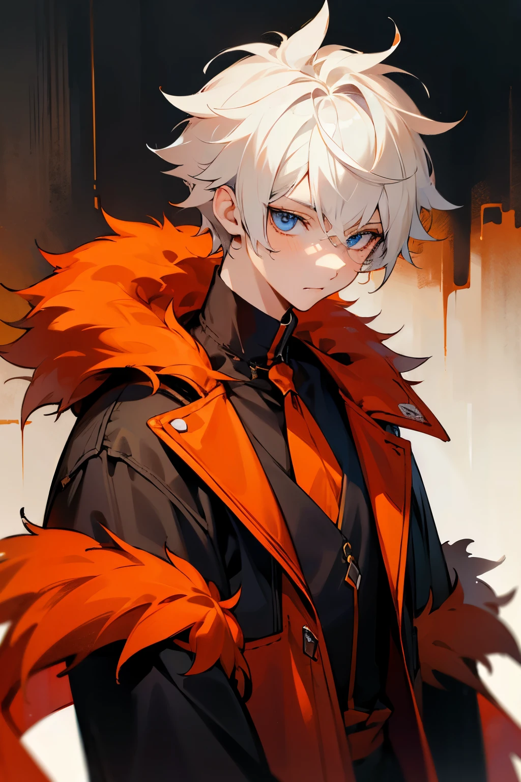 1boys, drak, orange and red fur, Young person, eBlue eyes, messy hair, White hair, short detailed hair, tmasterpiece, Very detailed, CasualClothing