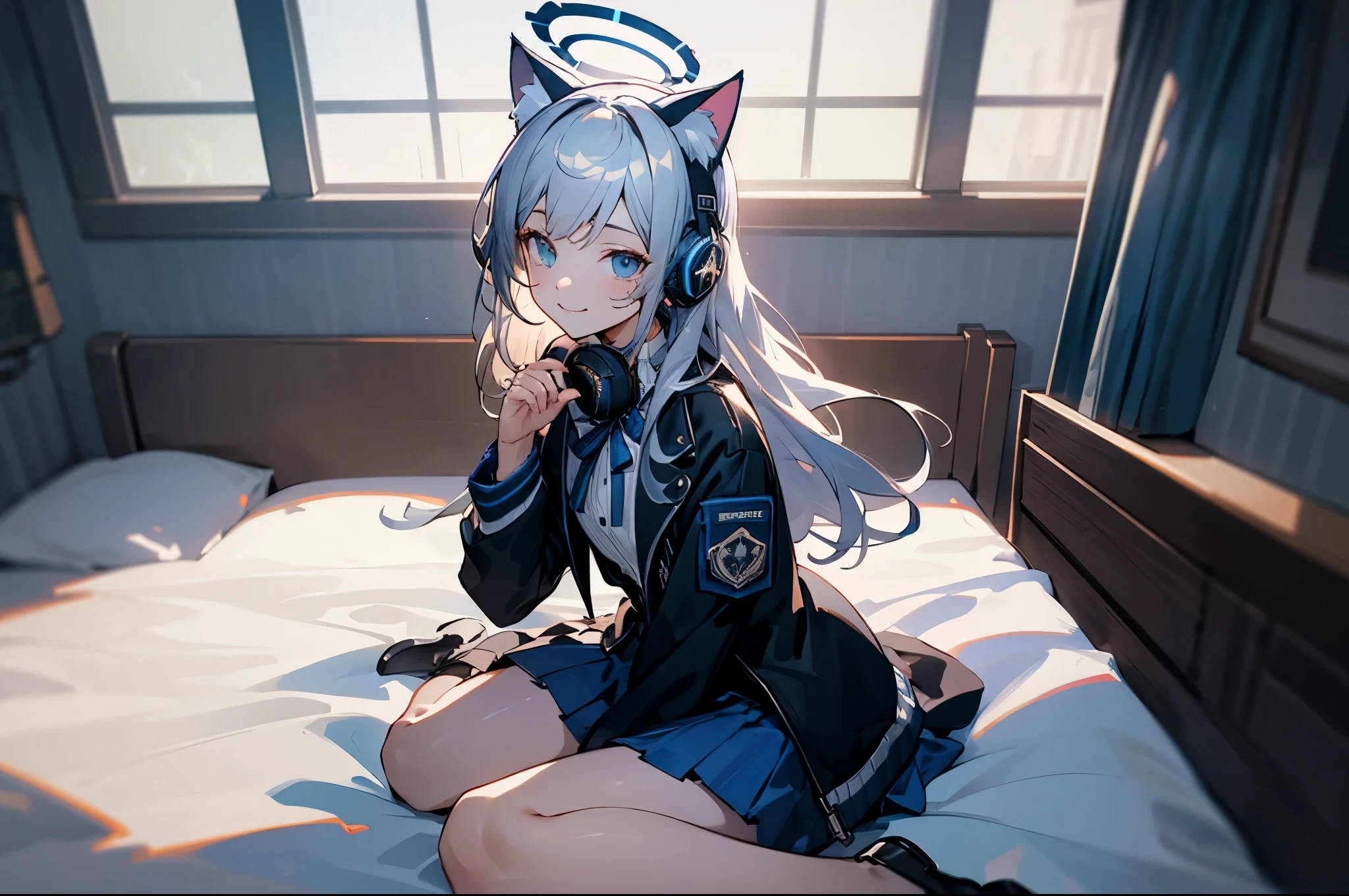 ((Best quality at best)), ((tmasterpiece)), (detailed), s the perfect face,The is very detailed,tmasterpiece,Best quality at best,offcial art,extremely detaild的 CG unified 8k wallpapers,Dynamic eyes, delicate full body portrait, solo person, schoolgirls, sit on a bed, ((((two hand)))), Clothes are trendy, Long silver-gray hair, Long hair shoulder length, Futuristic blue halo on head, Face the lens, futuristic clothing, Mechanical, Dark blue skirt with bright blue lace, Black jacket with blue stripes, JK skirt, With cat ear headphones on the head, ssmile, In the background is the bedroom, natural soft light, watered eyes, Bright eyes