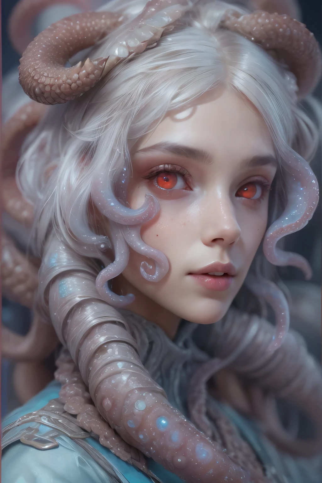 Portrait, (beautiful female alien:1.2), (she has red eyes with no pupils:1.8), (Translucent skin:1.7), (There is a female genital-like organ in the middle of the forehead:1.9), (The most beautiful face in the history of the universe:1.2),an evil gaze that seduces, (large mouth:1.1), (sharp teeth like a vampire:1.2), Full body like, (bio luminescent:1.5), (Smile wickedly:1.3), (sexypose:1.5), alien, No humans, cells are fused, (Lots of translucent tentacles:1.3) extraterrestrial, cell, bio image, Best Quality, 8K,4K_quality, High Definition, Dramatic Lighting, masutepiece:1.5,cinematic quality, detail up, (Intricate details:1.2), High resolution, High Definition, drawing faithfully, (Thick eyebrows:1.2), Beautiful eyes with fine symmetry,(Highly detailed face and eyes:1.2), Intimate face, (Super detailed skin quality feeling:1.4), Perfect Anatomy, (Beautiful toned body:1.5), (Moist skin:1.2), No makeup, (dark circles:1.1), long canines, cinematic drawing of characters, ultra high quality model, cinematic quality, detail up, (Intricate details:1.2), High resolution, High Definition, drawing faithfully, Official art, Unity 8K wall , 8K Portrait, Best Quality, Very High resolution, ultra detailed artistic photography, midnight aura, unreal enginee 5, Ultra Sharp Focus, art by alberto seveso, ArtGerm, Roisch, intricate artwork, best quality, masutepiece, ultra High resolution, (photos realistic:1.4), Ultra-realistic realism, dream-like, nautilus, Creation of fantasy, Snail, Dream Snail, biopunk nautilus, Thrilling color schemes, Ultra-realistic realism, seductively smiling, Blue tentacles,