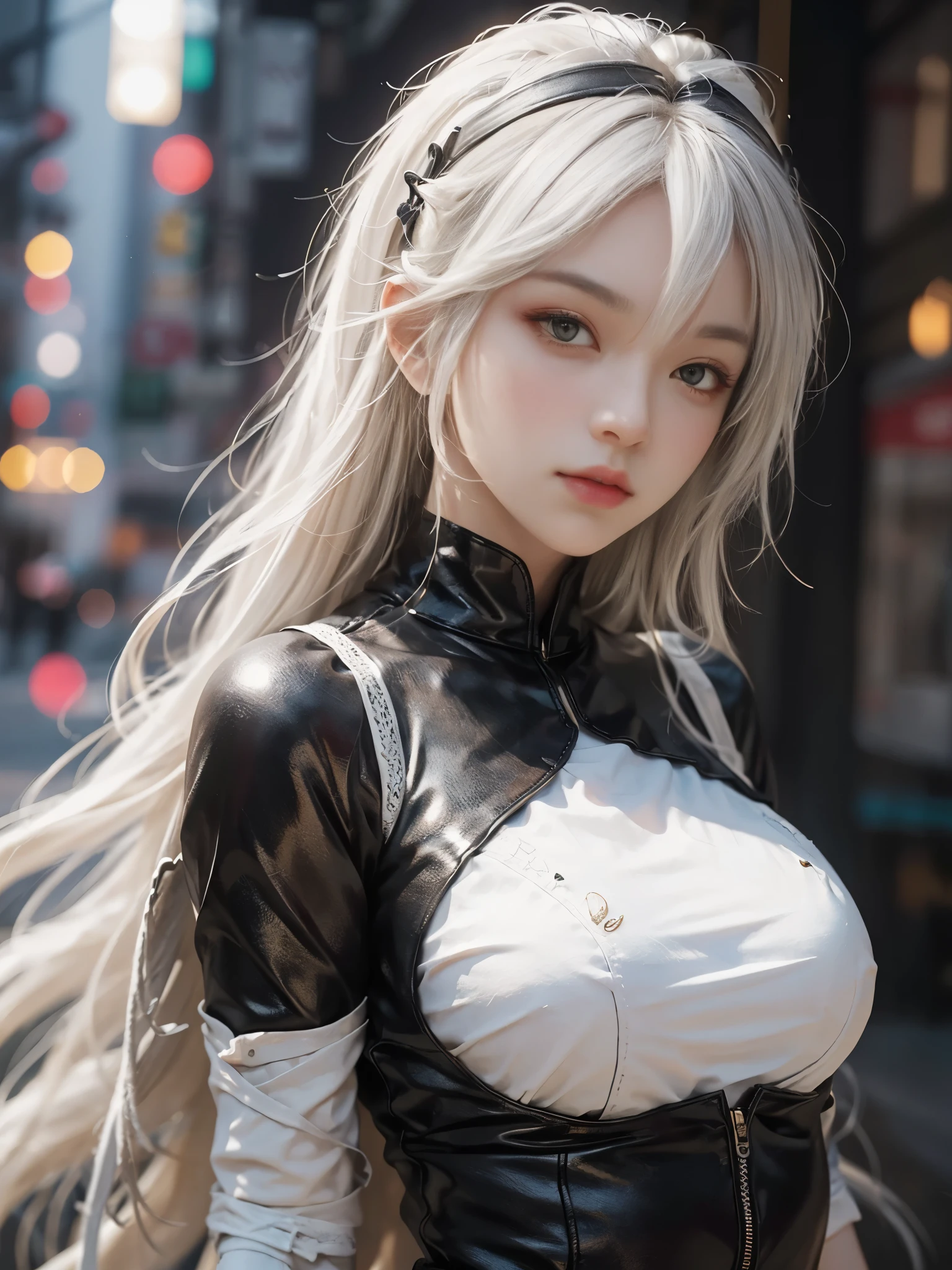 Close-up of woman with white hair and white mask、beautiful character painting、guweiz、Guweiz style artwork、white haired god、Jan J、epic exquisite character art、Stunning character art、Fanchy、Uzunsifan、guweiz from pixiv art station,Faces of reality,Real people,Photo Quality,Images of real people captured by a camera,Shoot from the waist up,Live-action feeling,Fairly light clothing,see-through underware,A thin costume made of cotton that shows the skin underneath.,