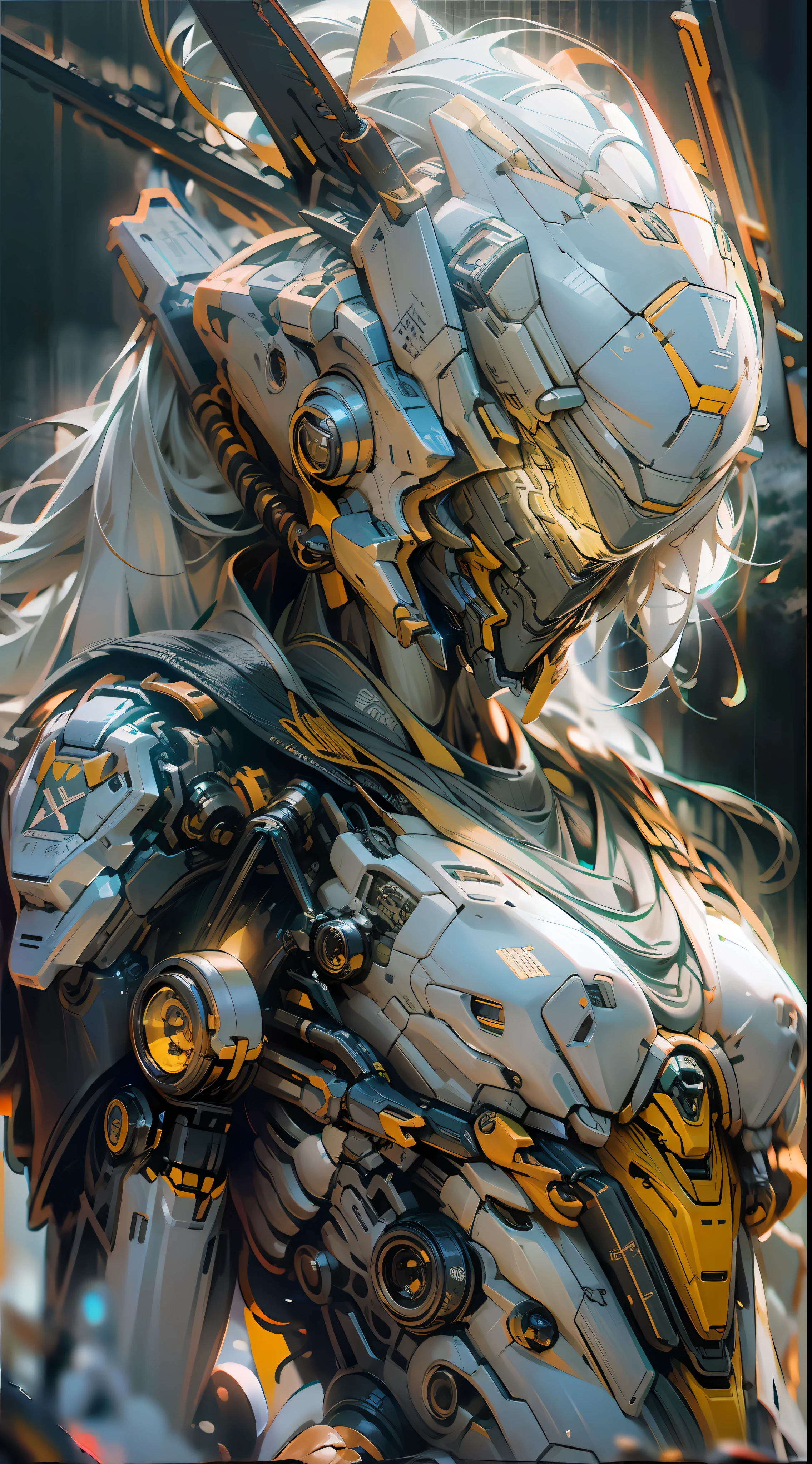 A mech, Long silver-white hair with a ponytail and waist, V-shaped mechanical helmet, Wearing a black sexy mech suit, The red torn cloak swayed in the wind, Holding a wide and thick sword, It glows yellow, Full of fighting spirit, the night, downpours, true to life, Best picture quality, Highest clarity and clarity, primitive, ultra-realistic realism, high detal, afofuturism, lightand shade contrast, cinmatic lighting, Ray traching, reflective light, Full body photo, Combat posture, sense of layers, The light is soft, REX, Mecha all, detail, Realiy, Action painting