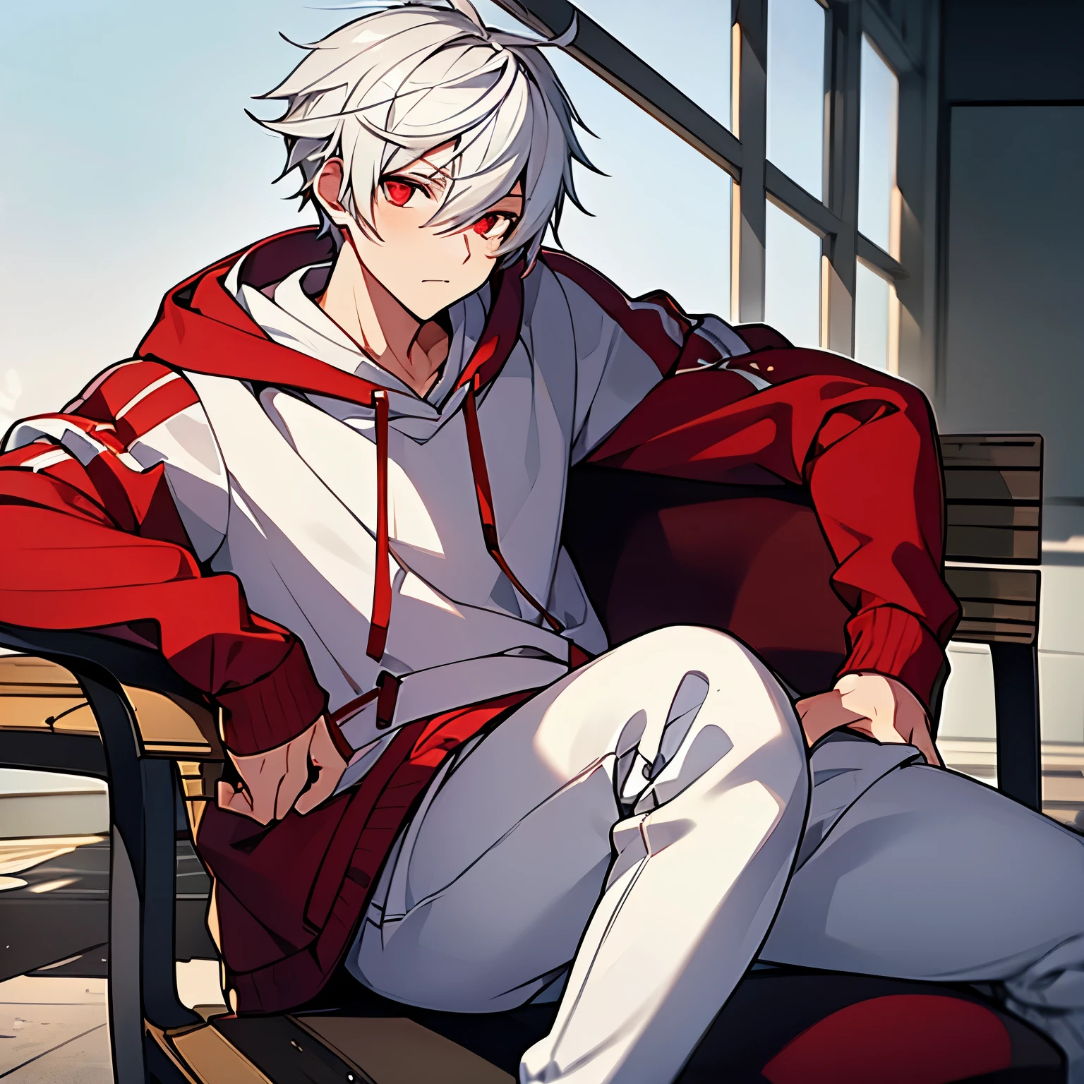 1boy, white hair, red eyes, white hoodie, white jeans, crossing leg, sitting at bench, looking at viewers from aside, handsome, cute