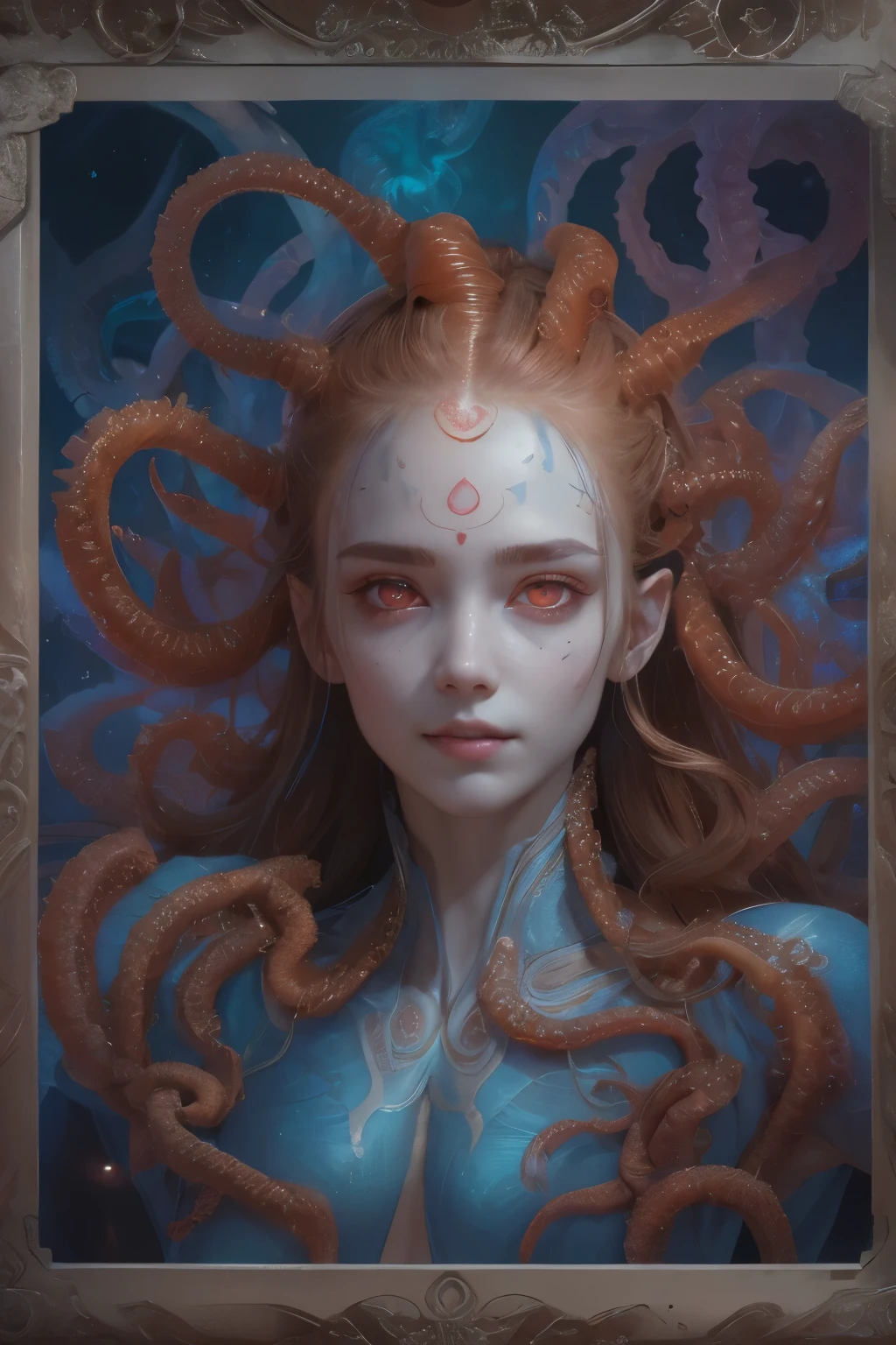 Portrait, (beautiful female alien:1.2), (she has red eyes with no pupils:1.8), (Translucent skin:1.7), (There is a female genital-like organ in the middle of the forehead:1.9), (The most beautiful face in the history of the universe:1.2),an evil gaze that seduces, (large mouth:1.1), (sharp teeth like a vampire:1.2), Full body like, (bio luminescent:1.5), (Smile wickedly:1.3), (sexypose:1.5), alien, No humans, cells are fused, (Lots of translucent tentacles:1.3) extraterrestrial, cell, bio image, Best Quality, 8K,4K_quality, High Definition, Dramatic Lighting, masutepiece:1.5,cinematic quality, detail up, (Intricate details:1.2), High resolution, High Definition, drawing faithfully, (Thick eyebrows:1.2), Beautiful eyes with fine symmetry,(Highly detailed face and eyes:1.2), Intimate face, (Super detailed skin quality feeling:1.4), Perfect Anatomy, (Beautiful toned body:1.5), (Moist skin:1.2), No makeup, (dark circles:1.1), long canines, cinematic drawing of characters, ultra high quality model, cinematic quality, detail up, (Intricate details:1.2), High resolution, High Definition, drawing faithfully, Official art, Unity 8K wall , 8K Portrait, Best Quality, Very High resolution, ultra detailed artistic photography, midnight aura, unreal enginee 5, Ultra Sharp Focus, art by alberto seveso, ArtGerm, Roisch, intricate artwork, best quality, masutepiece, ultra High resolution, (photos realistic:1.4), Ultra-realistic realism, dream-like, nautilus, Creation of fantasy, Snail, Dream Snail, biopunk nautilus, Thrilling color schemes, Ultra-realistic realism, seductively smiling, Blue tentacles,