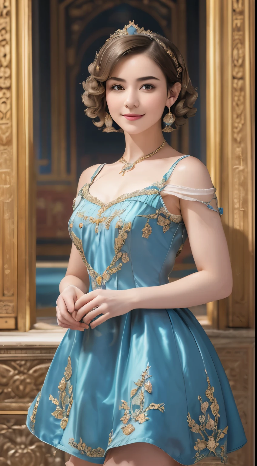 142
(a 20 yo woman,in the palace), (A hyper-realistic), (high-level image quality), ((beautiful hairstyle 46)), ((short-hair:1.46)), (kindly smile), (breasted:1.1), (lipsticks), (wearing a blue dress), (murky,wide,Luxurious room), (florals), (an oil painting、Rembrandt)