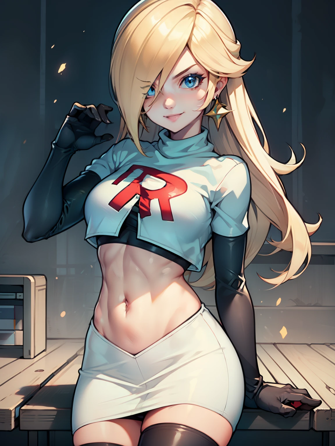 rosalina, glossy lips ,team rocket uniform, red letter R, white skirt,white crop top,black thigh-high boots, black elbow gloves, evil smile, looking at viewer, cowboy shot