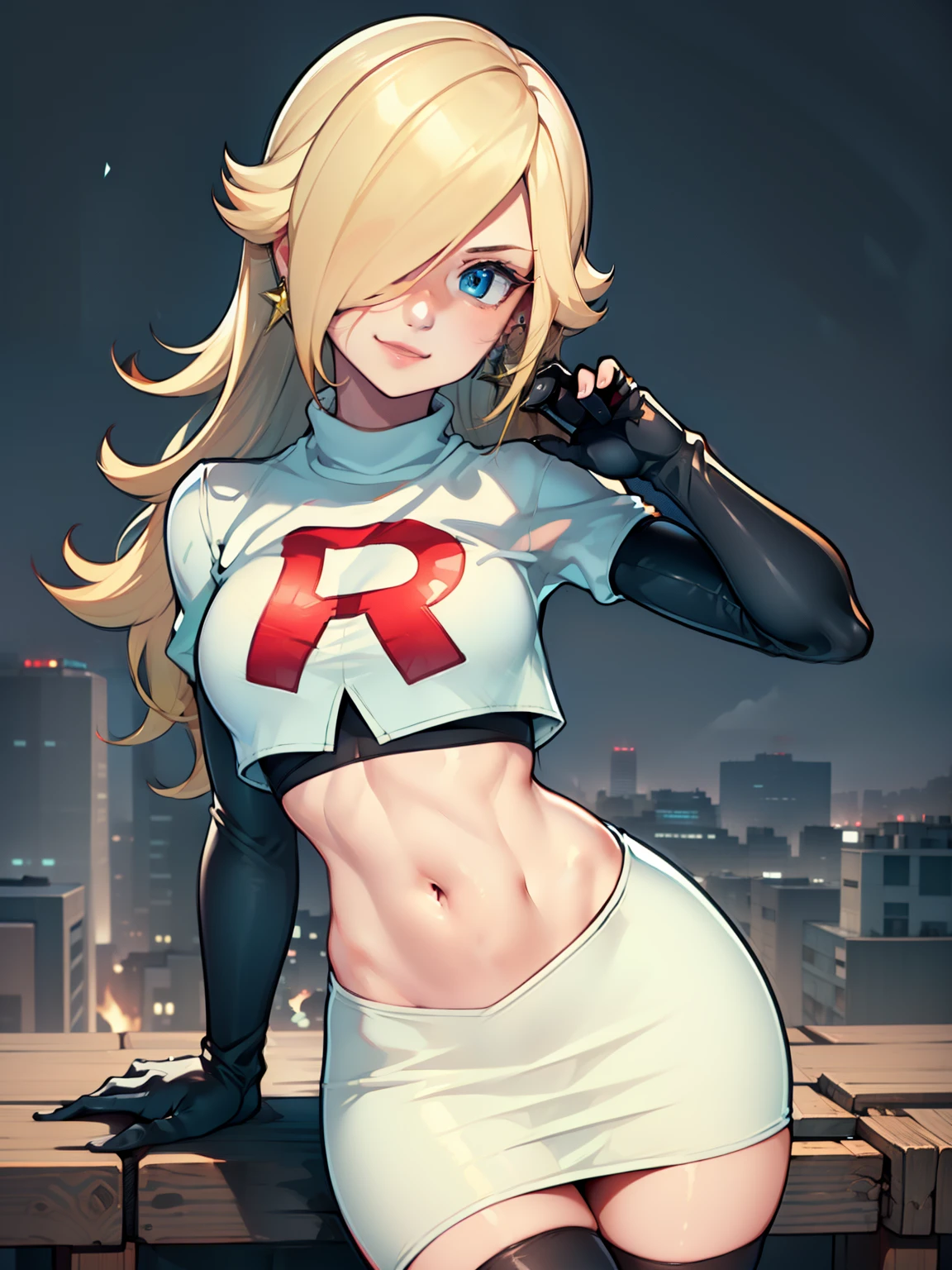 rosalina, glossy lips ,team rocket uniform, red letter R, white skirt,white crop top,black thigh-high boots, black elbow gloves, evil smile, looking at viewer, cowboy shot