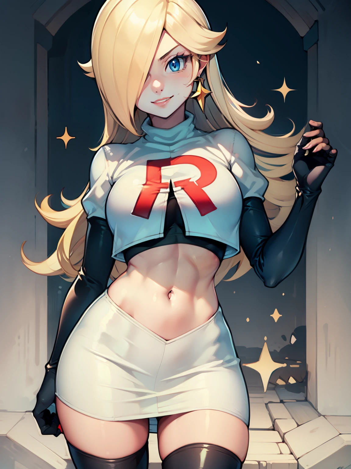 rosalina, glossy lips ,team rocket uniform, red letter R, white skirt,white crop top,black thigh-high boots, black elbow gloves, evil smile, looking at viewer, cowboy shot