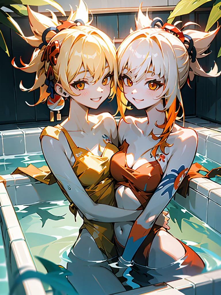 Two girls smiling in the water in the bathtub，No teeth exposed. Female twins， vivd colour，natural  lightting, Best quality, Chest to chest, Wrap your arms around each other's waist , sunny masterpiece, Navel Exposed, The face is red, Orange swimsuits holding each other&#39; , Full, full breast clear