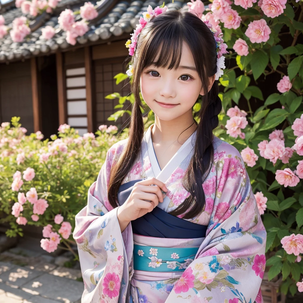 cute woman、cute face、cute smile、10 years old 、full body shot、80mm、well-shaped chest、lazy smile、japanese kimono、Miko costume、shrine、torii、cherry blossoms、