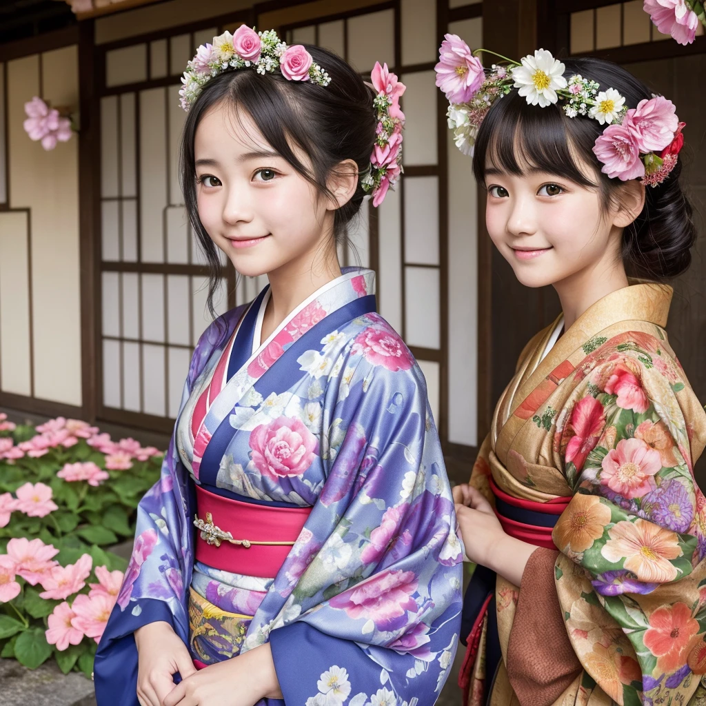 Best Quality, masutepiece, High resolution, Original, highly detailed wallpaper, Beauty,Gorgeous kimono、Dress, sad, a small face、s girl、Real Human、authentic、foreigner、The flowers below in the old photo are blooming、cheerfulness、Pleasure、ssmile、Ancient Japan