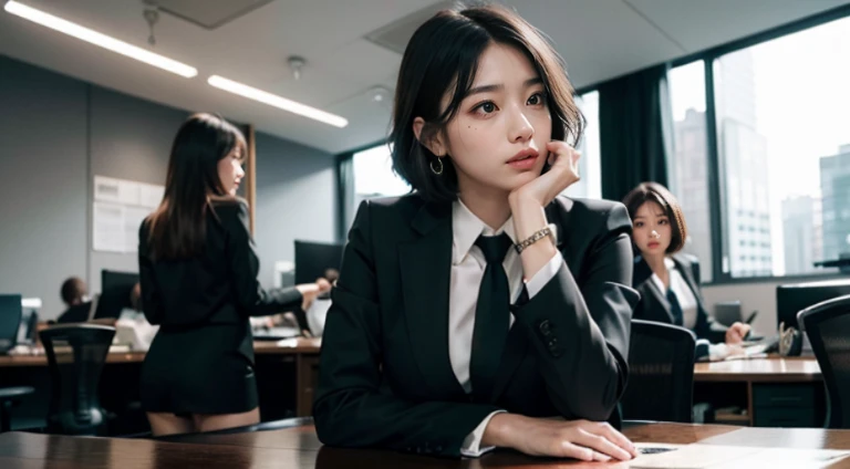 absurdres, RAW photo, extremely delicate and beautiful, masterpiece, Best Quality, ultra high resolution, 16k, hyperrealistic, ultra-detailed, Very detailed CG 8k wallpaper, Beautiful Lighting, Perfect Lightning, Realistic Shadows, perfect anatomy, super Detailed skin, perfect figure, Japanese woman, in her 20s, very Slim body, narrow waist, small head, realistic face proportions, Realistic face, small face, Realistic eyes, small eyes, double eyelids, tearful mole, mole on chest, earring, bare legs, beautiful and very thin legs, beautiful and very thin thighs, (((very huge round breasts))), short hair, wavy hair, sweat, (full body shot), (((3 girls))), (((office suit))), blouse, mini skirt,