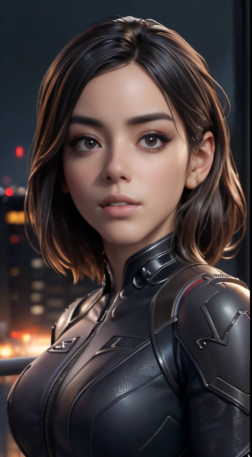 photo of Chloe Bennet, RAW, beautiful woman, ((portrait)), ((detailed face:1.2)), ((detailed facial feature, detailed skin, clear skin), (perfect proportioned body), (wearing a dark plug suit) (high detailed city environment, apartment balcony), (realistic photo, best quality, detailed), (8k wallpaper), (cinematic lighting, dramatic lighting) (sharp focus, intricate)