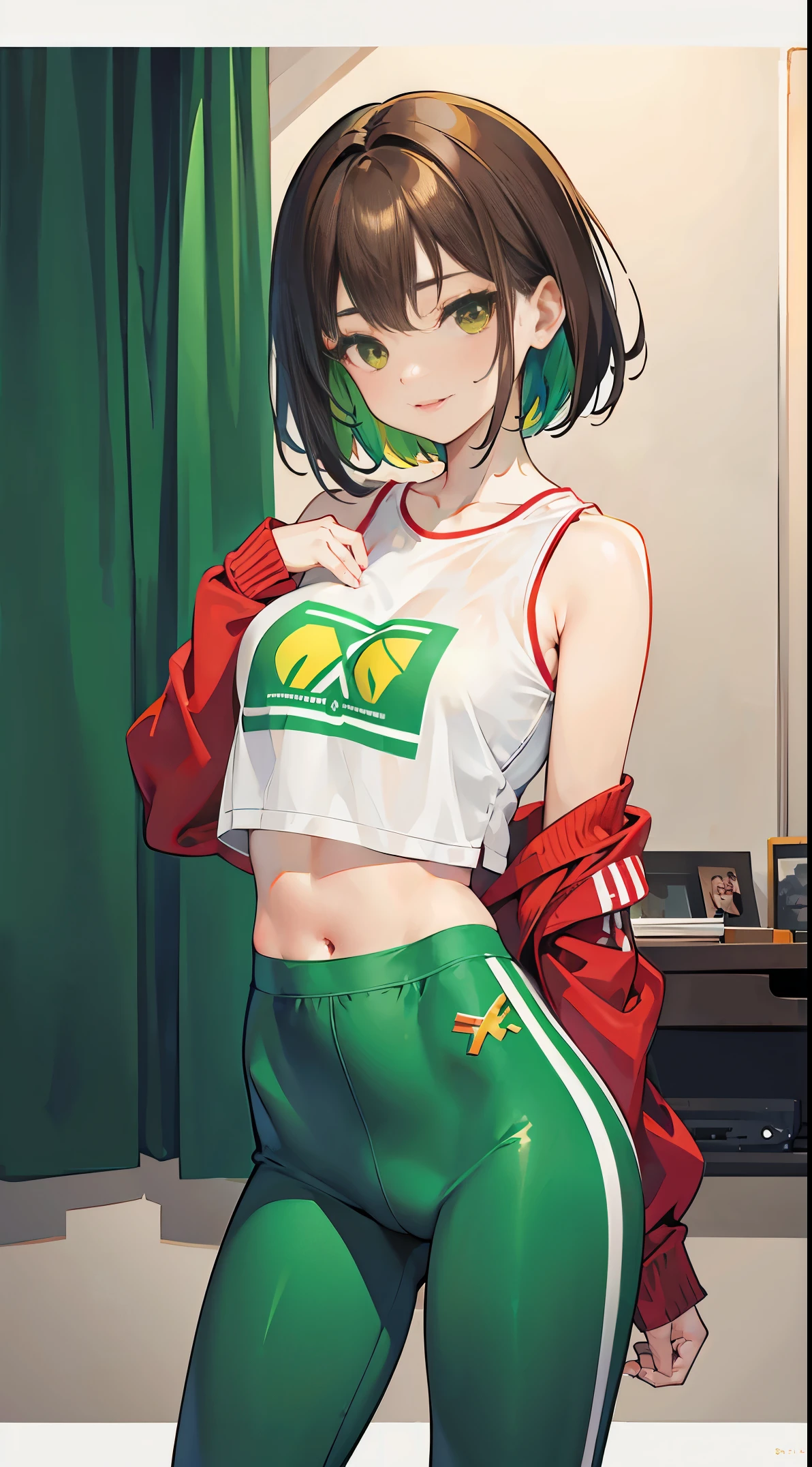 Under the legend,Chara,Teenage girl,sexy for,green color,short crop top,hot pant,Stalling's gull body standing painting,lacivious pose,with short brown hair,The face is red,Underwear model,lust,Hand repair,the detail,X-rated, The clothes ar,k hd,no underwares,ssmile, television show,Upturned buttocks,out your tongue,Playful