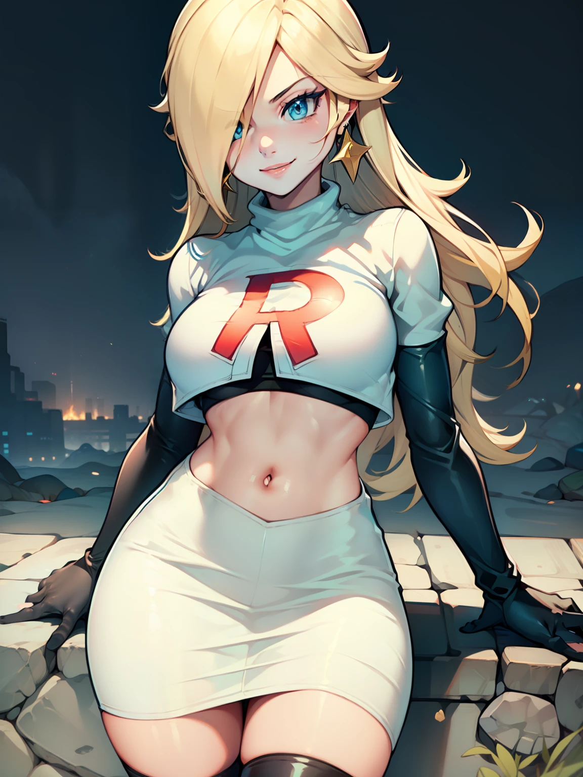 rosalina, glossy lips ,team rocket uniform, red letter R, white skirt,white crop top,black thigh-high boots, black elbow gloves, evil smile, looking at viewer, cowboy shot