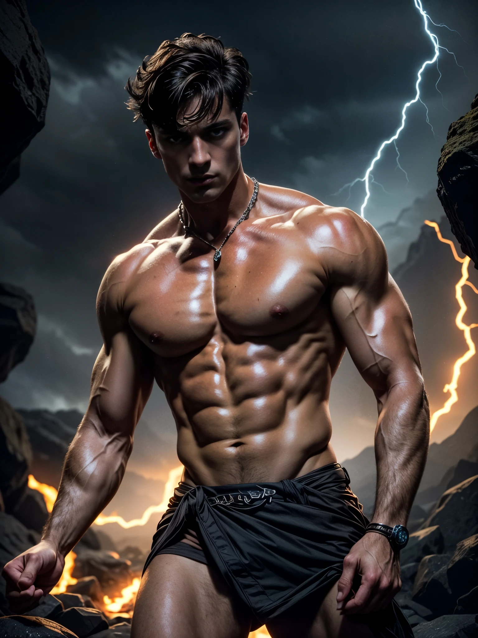 ((masterpiece)),((best quality)),8k, high detailed, ultra-detailed, Stylish Pose, real skin texture, dark cinematic lighting, 24 year-old Italian male model, barechested, shirtless, handsome italian, cute looking, divine look, powerful light blue eyes, Zeus god, god of thunder, Jupiter, godly, , bending electricity, displaying the ability to manipulate lightning, creating thunder, massive lightning, white pale skin, roman god physic, intense blue eyes, dry hair, dry (short hair:1.5), brown messy hair, strong jawline, masculine, muscular, defined fit body, hairless chest, shirtless, pantless, sinister aesthetic, black storm clouds, arm bracelet, lightning, clouds, thunder, walking towards the camera, isolated, (in the wilderness:1.4), natural enviroment, (in the middle of nowhere:1.7), tule fog, in the middlea thick fog, night dark storm, barelegged, barechest, barefoot, white antique linen spartan loincloth , white linen antique draped cloth skirt, golden chain in roman skirt,,,, dim light, dark atmosphere, cinematic lighting, Depth of field, award-winning photography, elegant, hyperrealistic, octane render, unreal, high definition, 8k resolution, highly detailed, 8k uhd, professional lighting, photon mapping, radiosity, physically-based rendering