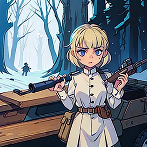 Young short finnish girl, blonde short hair, finnish ww2 uniform, finnish ww2 helmet, webbing, ww2 rifle gun gun on back, winter forrest snowing