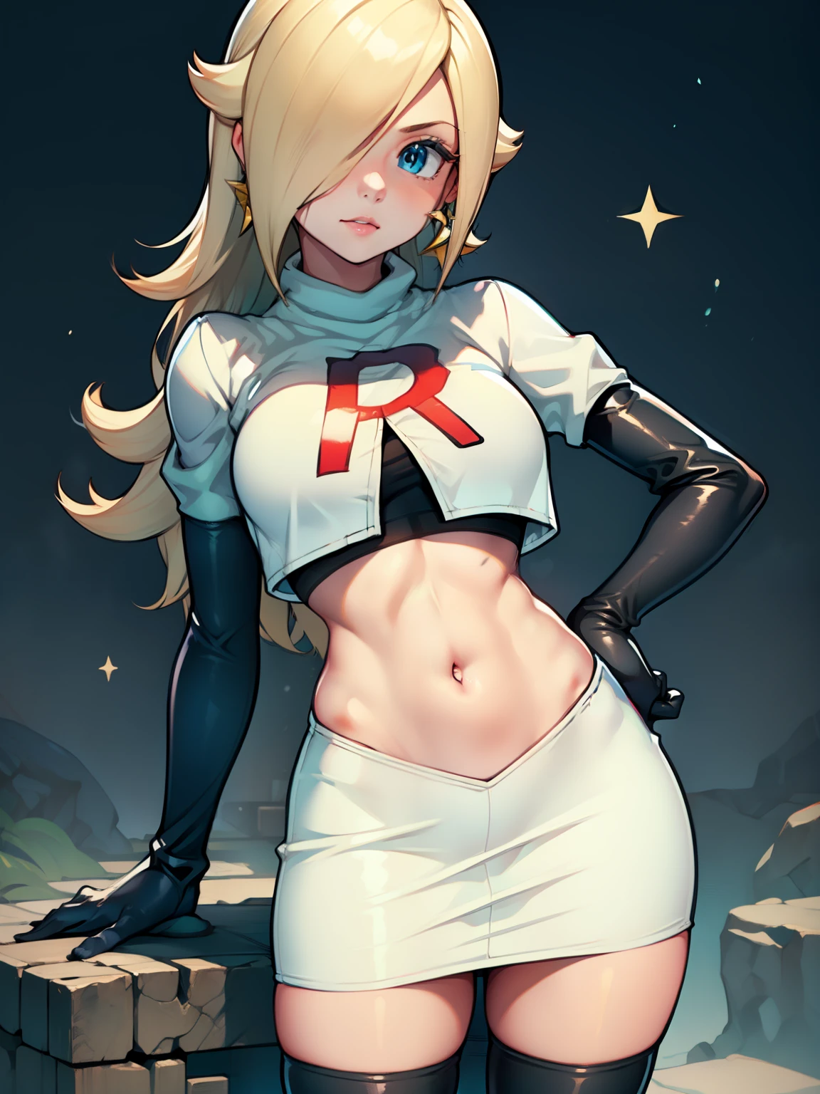 rosalina, glossy lips ,team rocket uniform, red letter R, white skirt,white crop top,black thigh-high boots, black elbow gloves, looking at viewer, cowboy shot