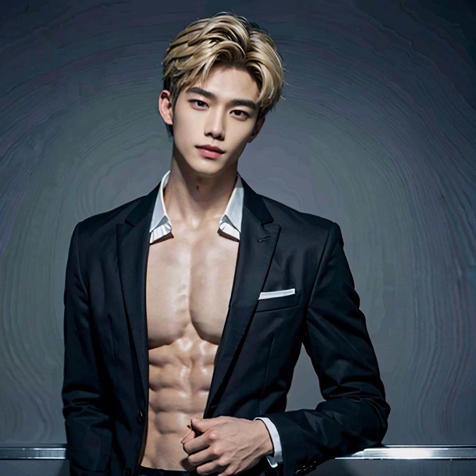 Black Blazer, Abs, No Shirt, Baggy Formal Pants, Male, Blonde Hair, Medium Length, Perfect Facial Symmetry, Perfect Nose, Handsome Nice Smile, Almond Eyes and Korean. One Male, Alone, Single Person, Handsome Smirk. Wolfcut. Single Male, One Person. SINGLE CHARACTER