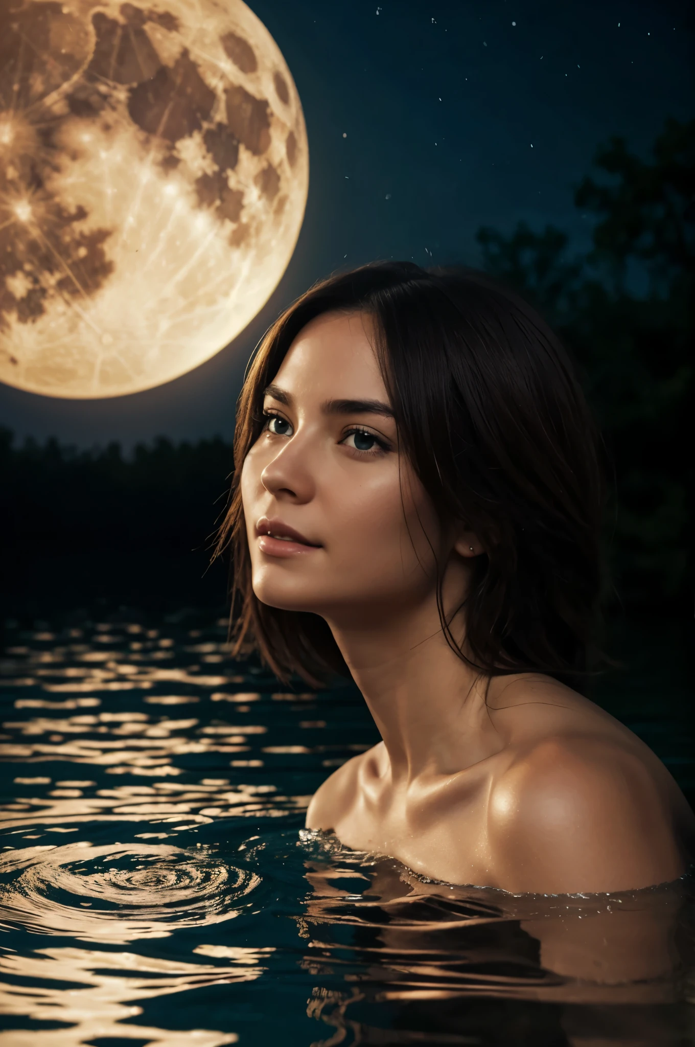 Masterpiece, best quality, (highly detailed raw photo:1. 2), 8k arnold, volumetric lighting, volumetric shadows, phil haley style a girl, ultra face detail, ultra realistic face, happiness, wariza A place taken by a flood with everyday objects floating  in the water, in the moon light, full naked body,  full moon,