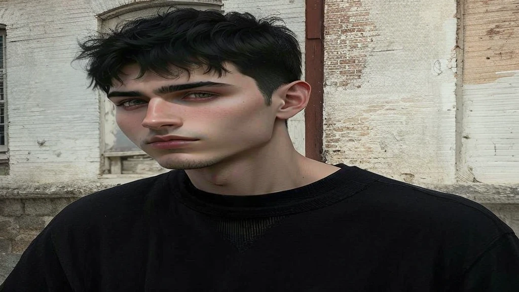 Un joven arafed con una camisa negra y un donut en la mano., boy has short black hair, Cara ancha afeitada limpia, Cara de muy alta calidad, andrei riabovitchevy, Retrato de alta calidad, Maxim Sukharev, Estilo Ilya Kuvishinov, with pale skin, Joven lindo, androgynous person, androgynous male