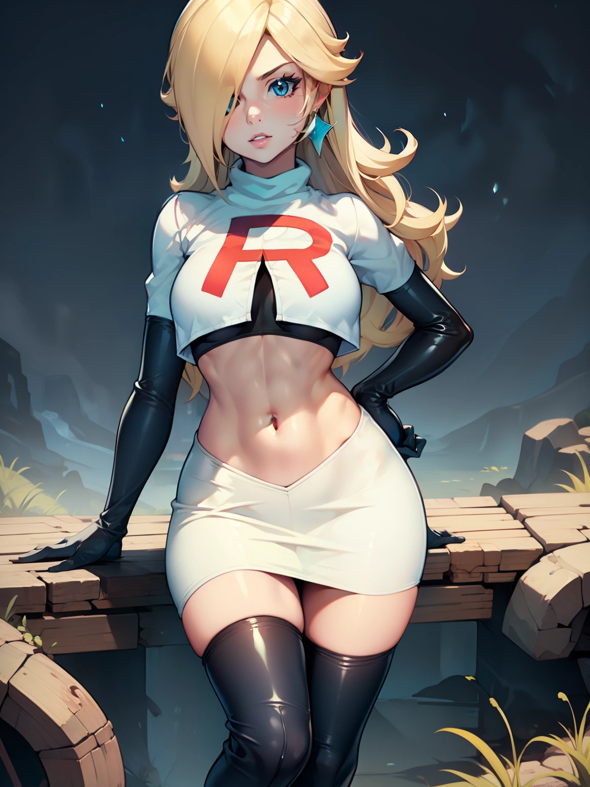 rosalina, glossy lips ,team rocket uniform, red letter R, white skirt,white crop top,black thigh-high boots, black elbow gloves, looking at viewer, cowboy shot