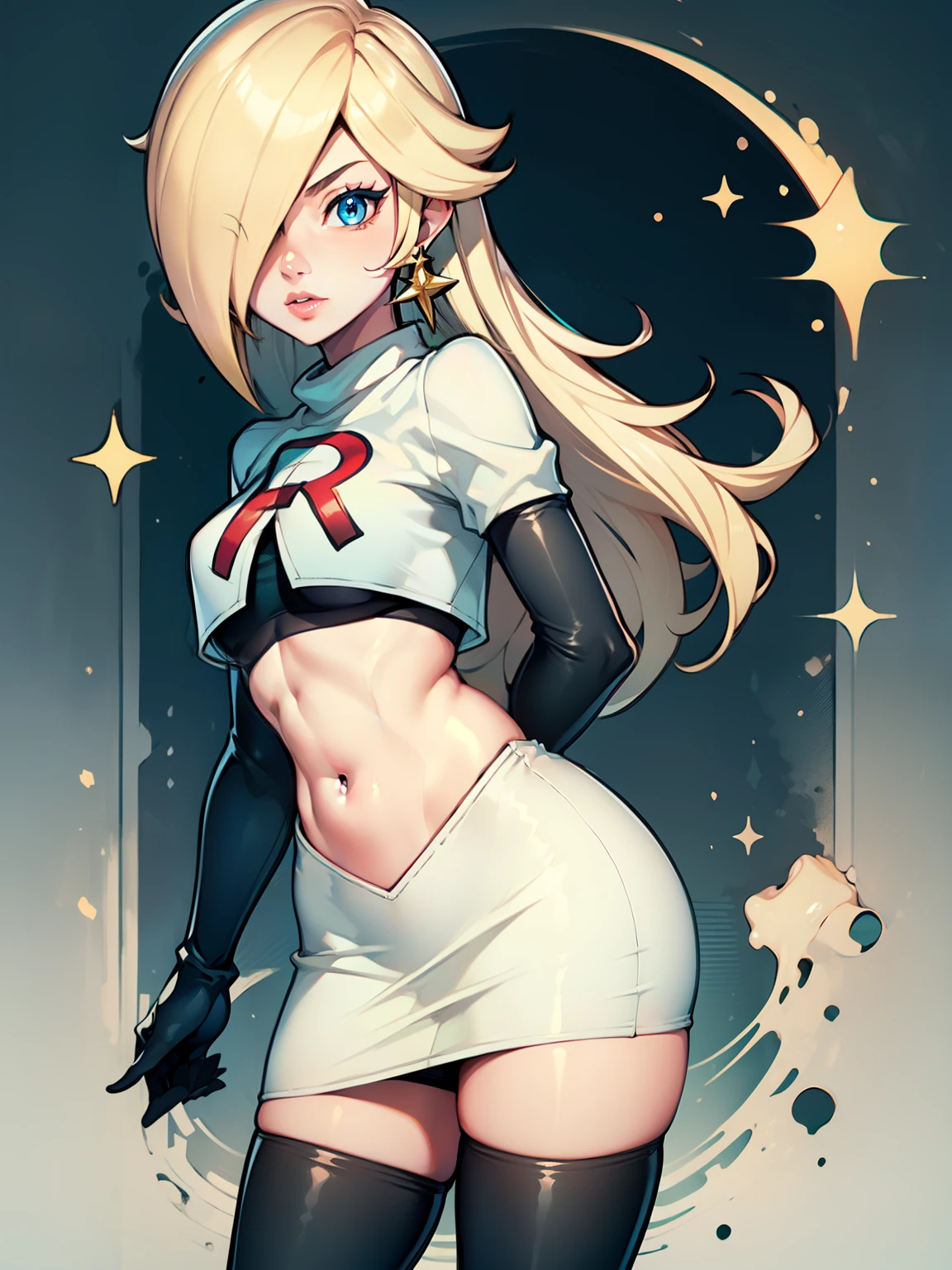 rosalina, glossy lips ,team rocket uniform, red letter R, white skirt,white crop top,black thigh-high boots, black elbow gloves, looking at viewer, cowboy shot