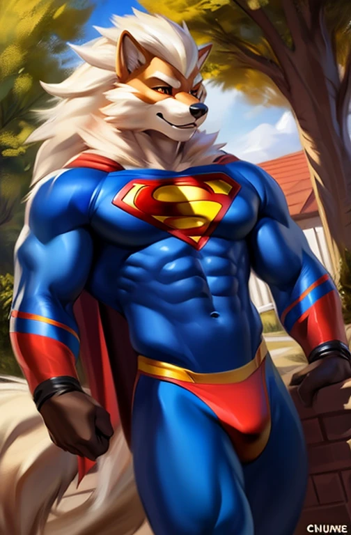 solo, a pokemon arcanine, muscular, wearing a superman spandex costume, by chunie, at house backyard