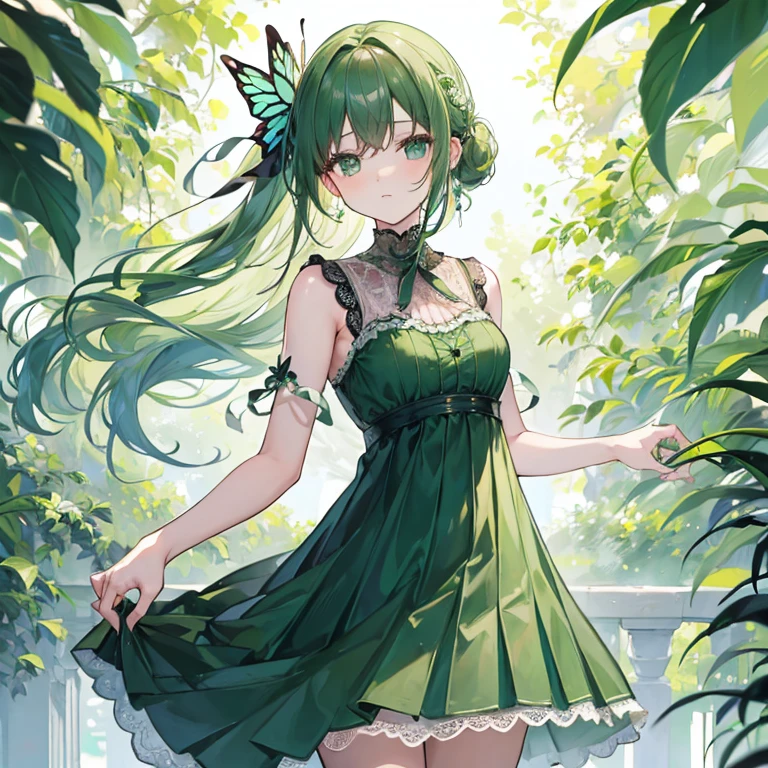 ((Masterpiece)), (best quality), (simple style), green dress, butterfly heart, pleated lace, Edwardian lace dress, ?????