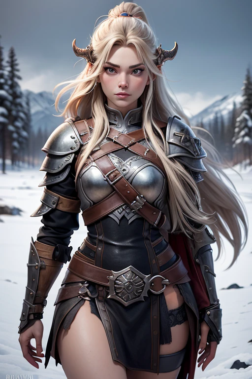 Retrato, photographic, cuerpo completo, cabello rojo, 4k, mujer vistiendo una armadura desgastada, armadura con detalles de cuero, mujer vikinga, una mujer muy hermosa, amenazante, Cara perfecta, fuerte, Vikingos, wearing norse armor, Disfraz de vikingo, Beautiful Nordic woman, Cultura vikinga, Ropa vikinga, bosque, humo de hogueras en el fondo, cayendo algo de nieve.