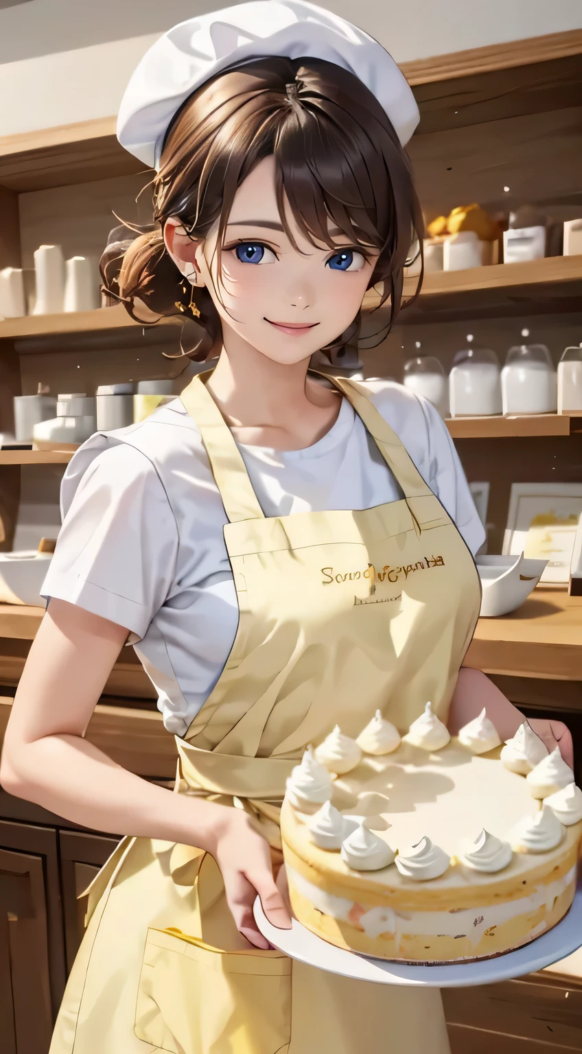 (drooping eyes, realistic skin), pastry chef decorating a cake in the shop with customers, white shirt and yellow apron, short chef's hat, slightly smile, aerial angle,