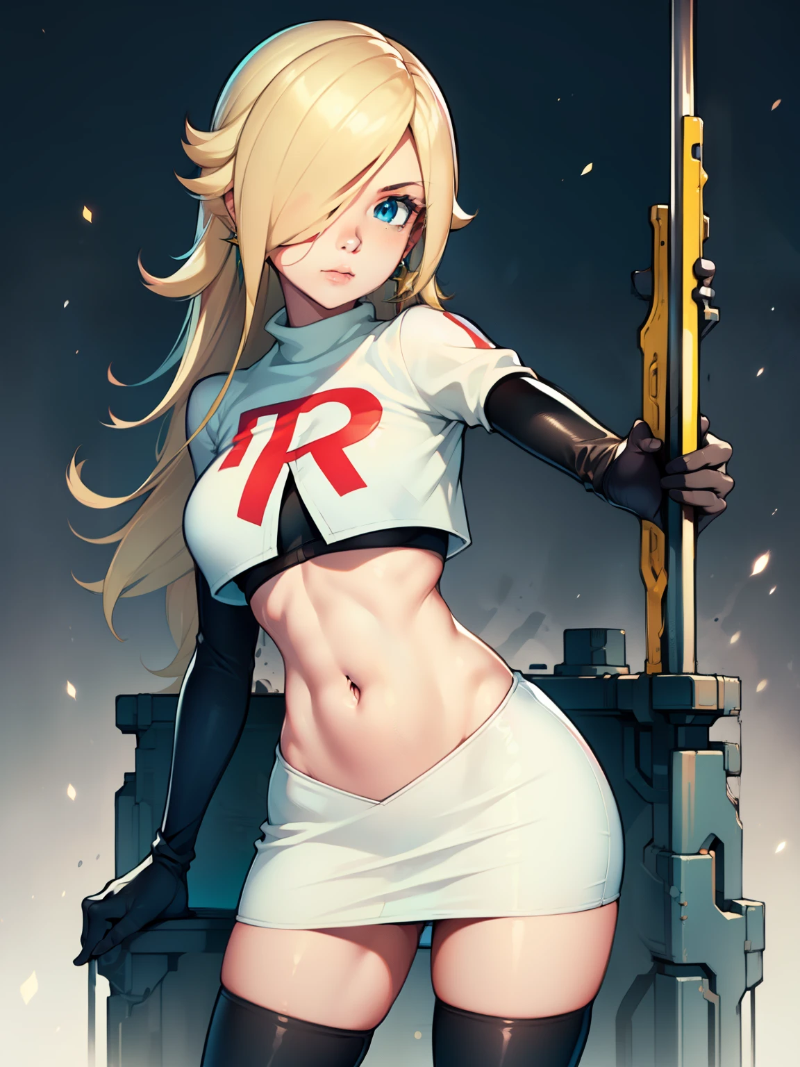 rosalina, glossy lips ,team rocket uniform, red letter R, white skirt,white crop top,black thigh-high boots, black elbow gloves, looking at viewer, cowboy shot