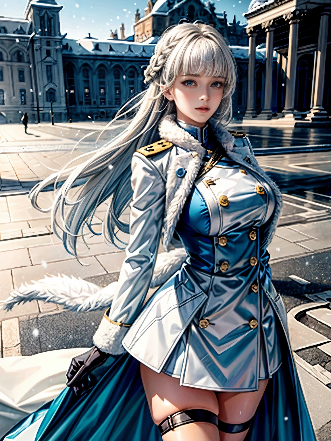 (highest resolution, distinct_image), realistic, Best quality, single person, one girl, solo, masterpiece, highly detailed, realistic, long hair, braided white blond hair, (blue military uniform underneath the coat), depth of field, outdoor background, (falling snow), ((big breasts)), authoritative, dignified, calm and powerful expression, ambient lighting, exquisite facial feature, (fur-trimmed white coat), open coat, short skirt, looking at viewer, head to waist, in a terrace of a monumental building, (((front bangs))), dynamic angle, striking a pose, light smile, detailed background