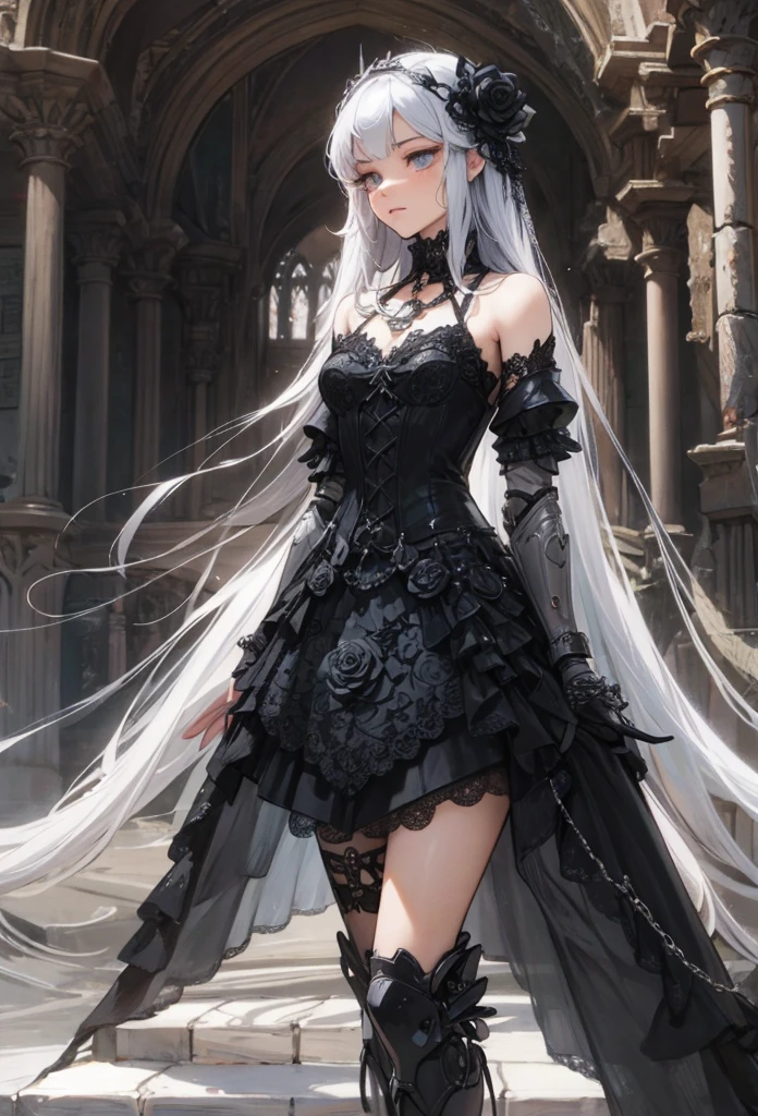 (Detailed illustrations,Very detailed and detailed drawing,Delicate lines with slow and rapid,Realistic texture expression),[Color tressed main line],[Ruins of a super-ancient civilization],[ANIME] (MACHINEAlice Beauty ) stright long hair [AUTOMATON],([Black Rose] Black dress) (Cyber Alien Armor [Through the material]) [caltrop] chains [Titanium alloy] [[Through the material]],Cybernetic Gothic Lolita,(Intre and beautiful decoration [Dense detail]),(Fine and beautiful skin expression [Transparency]),[完璧な目のdetaileds (Iris beautifully drawn in every detail)[Jewel-like eyes]],[long and beautiful eyelashes],[Meticulously drawn hair [美しく艷やかな髪のdetaileds]],(完璧な手のdetaileds [Beautiful fingers without breakdowns [Beautiful nails]]),(Perfect Anatomy(Perfectly proportioned))[[Full body like]],[[Design built to the highest level]][Ideal color coordination(Accurate simulation of light-material interactions)],([Precision Detail](detaileds,high-detail)),[Visual art that conveys a sense of narrative].