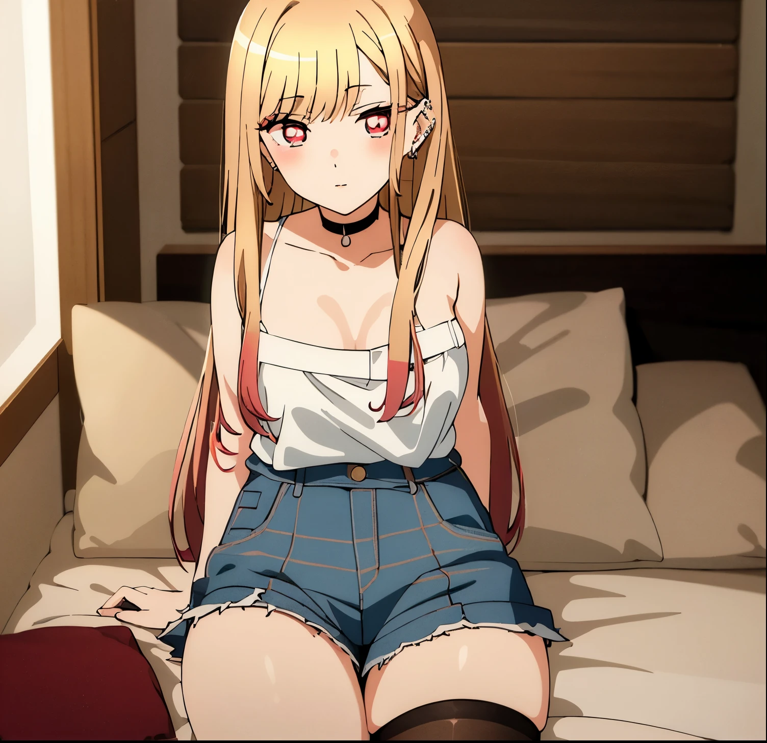 (masterpiece, best quality), Marin Kitagawa, beautiful girl, blonde hair, choker, ear piercing, earrings, long hair, piercing, (red eyes:1.5), straight hair, swept bangs, adult, bed, big chest,Trim Cami top short shorts jeans ,plaid skirt, medium boobs, medium ass, , Exquisite visuals, high-definition,masterpiece,best quality, looking at viewer,looking at viewer, white top thin straps