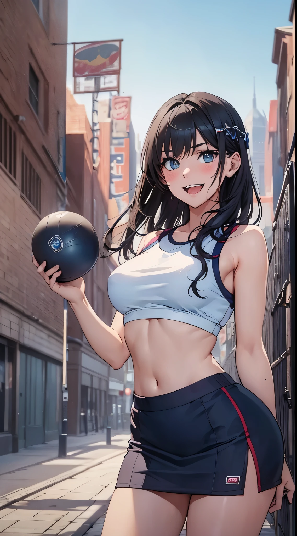 1womanl,Black hair,14years ,(()),Beautiful breasts,(((Sexy white and blue shiny gym clothes and micro skirt)))(())(((Blushing cheeks、Smile with open mouth)),(((Satin Narico))),((( portlate))),Crowds,Shiny white and blue gym clothes and microskirt,wet with sweat